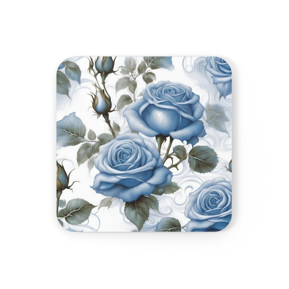 Blue Rose Pattern Corkwood Coaster Set