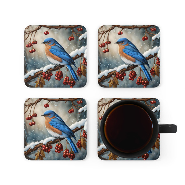 Winter Bluebird Corkwood Coaster Set