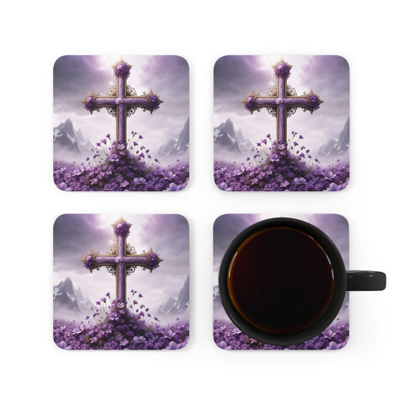 Purple Floral Cross Corkwood Coaster Set