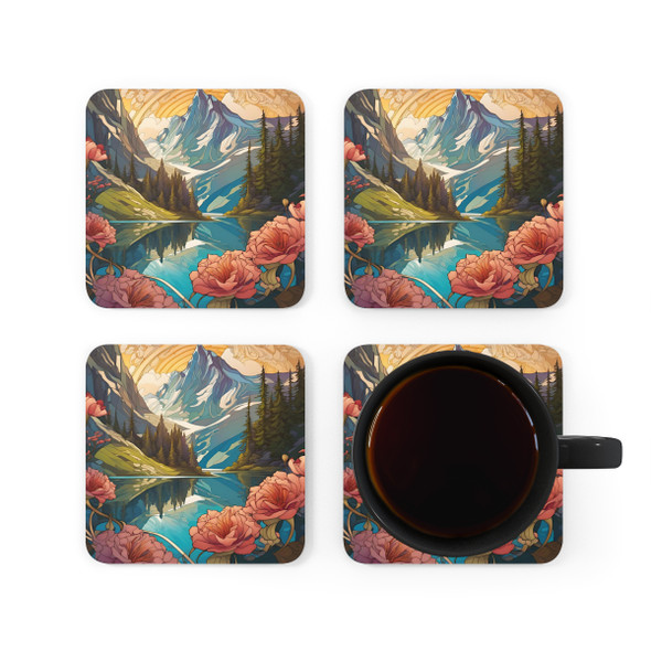 Art Nouveau Summer Mountain Scene Corkwood Coaster Set