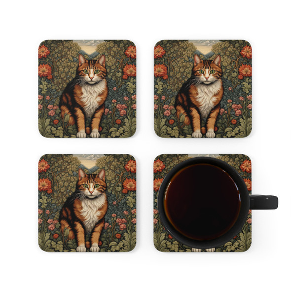 Tapestry Style Floral Cat Corkwood Coaster Set| Living Room Furniture Protector |William Morris Inspired |Glass Coaster Housewarming Gift