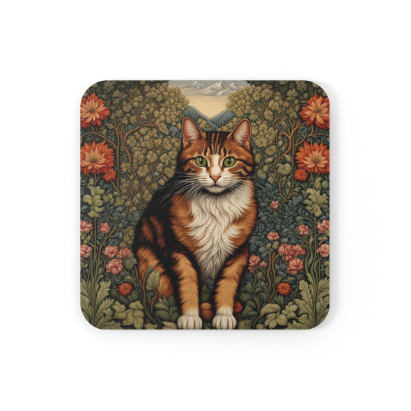 Tapestry Style Floral Cat Corkwood Coaster Set| Living Room Furniture Protector |William Morris Inspired |Glass Coaster Housewarming Gift