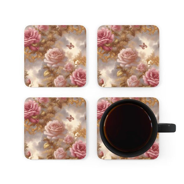 Ethereal Roses in Gold and Pink Corkwood Coaster Set
