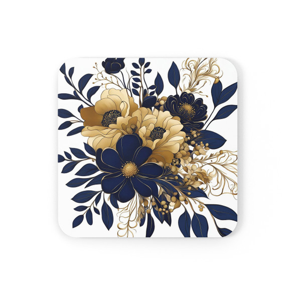 Art Nouveau Navy Blue and Gold Floral Corkwood Coaster Set. Great gift for housewarming or Christmas.