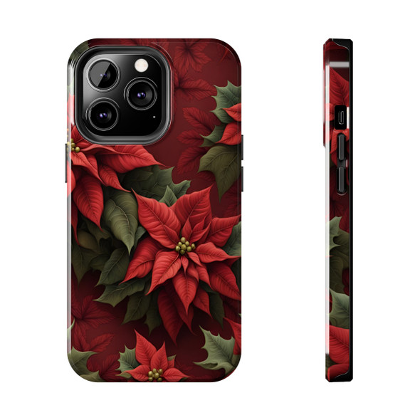 Christmas Poinsettias Tough Phone Case for iPhone in 21 different sizes. Compatible with iPhone 7, 8, X, 11, 12, 13, 14 and more.