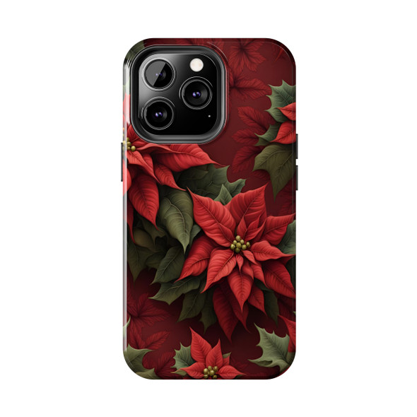 Christmas Poinsettias Tough Phone Case for iPhone in 21 different sizes. Compatible with iPhone 7, 8, X, 11, 12, 13, 14 and more.