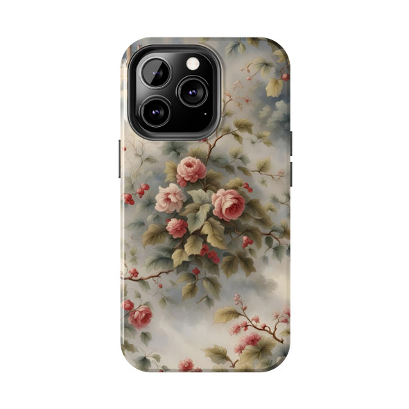 Rose Toile Tough Phone Case for iPhone in 21 different sizes. Compatible with iPhone 7, 8, X, 11, 12, 13, 14 and more.