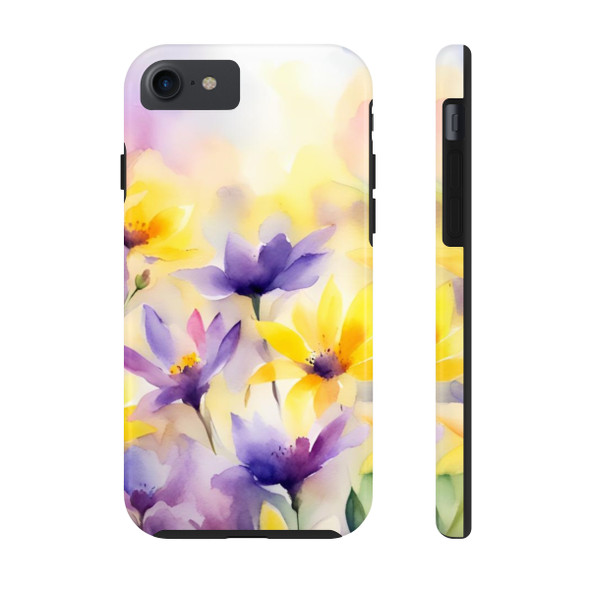 Spring Bouquet in Yellow and Purple Tough Phone Case for iPhone in 21 different sizes. Compatible with iPhone 7, 8, X, 11, 12, 13, 14 and more.