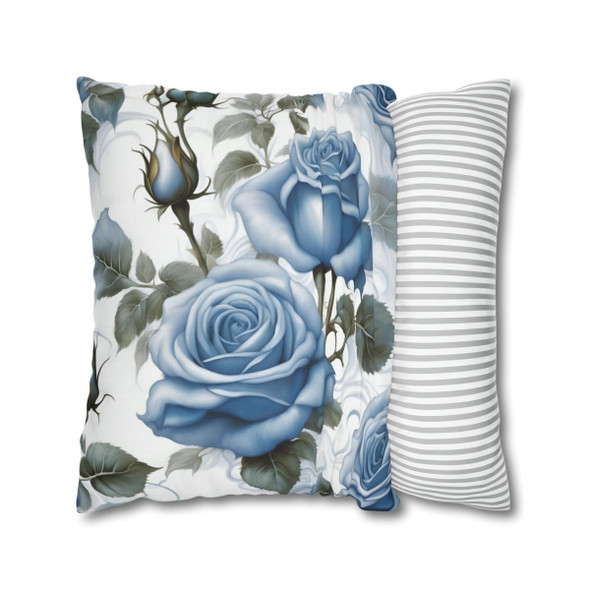 Pillow Case "Blue Rose" Pattern Spun Polyester Square Throw Pillow Cover in blue white hidden zipper living room decor spring