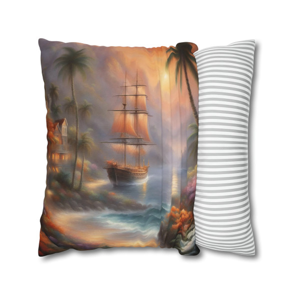 Pillow Case "Tropical Cove Fantasy" Spun Polyester Square throw Pillow Cover concealed zipper sofa couch palm trees pirate ship ocean