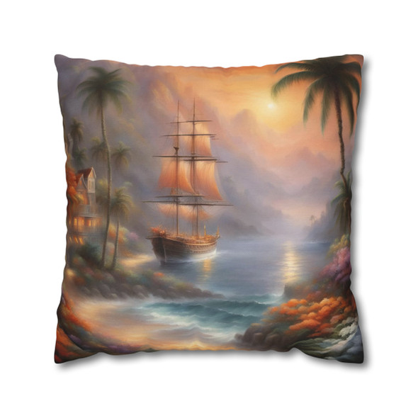 Pillow Case "Tropical Cove Fantasy" Spun Polyester Square throw Pillow Cover concealed zipper sofa couch palm trees pirate ship ocean