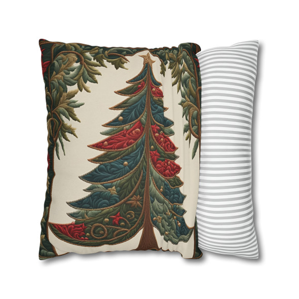 Pillow Case Christmas Tree Old World Style Holiday Decor| Living Room Sofa, Bedroom, or Dorm| Embroidery Look| Green Red Cream| Zipper