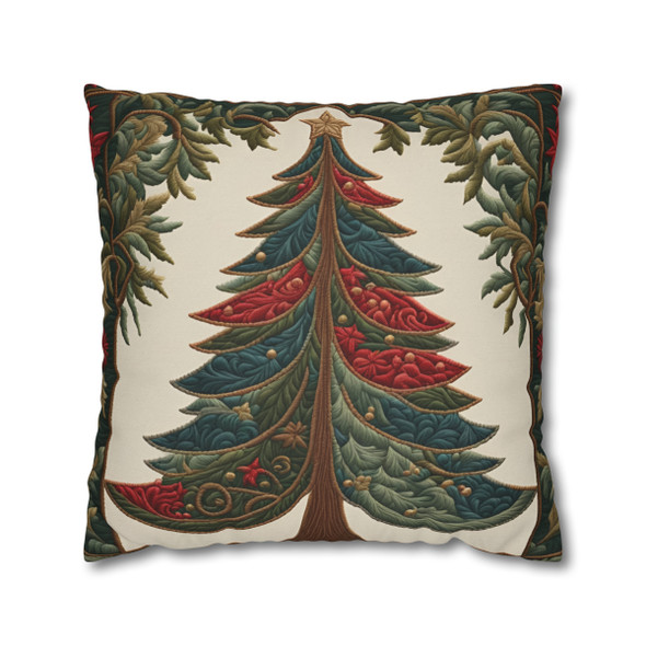 Pillow Case Christmas Tree Old World Style Holiday Decor| Living Room Sofa, Bedroom, or Dorm| Embroidery Look| Green Red Cream| Zipper