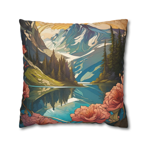 Pillow Case "Summer" Art Nouveau Style Square Throw Pillow Cover Hidden Zipper sofa couch bed mountain trees lake peach blue green
