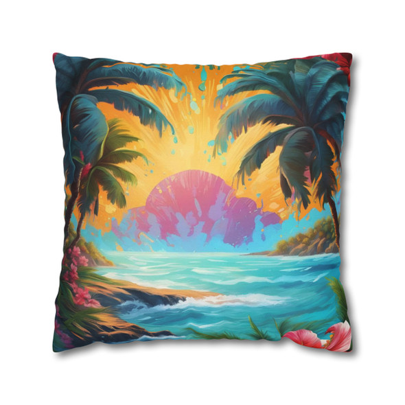 Pillow Case "Tropical Splash" Spun Polyester Square throw Pillow Cover concealed zipper sofa couch bed living room pink aqua palm trees sun