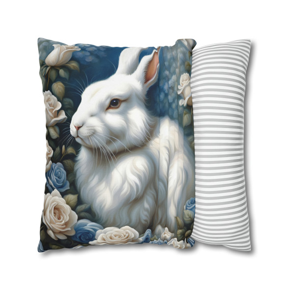 Pillow Case White Rabbit in Blue with White Roses| Living Room Sofa or Couch, bedroom, baby nursery or dorm| De Jouy Inspired Design