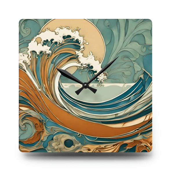 Art Nouveau Style Ocean Waves Square or Round Acrylic Wall Clock Dining Room Living Room kitchen bedroom christmas birthday holiday gift