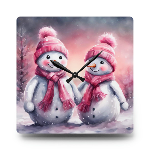 Snowman in Pink Acrylic Wall Clock| Silent Mechanism| Watercolor Design