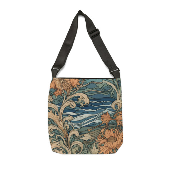 Art Nouveau Floral Beach Design Tote Bag| Teal Blue and Peach Floral Pattern| Adjustable Tote Strap| Two Sizes 16 inch or 18 inch