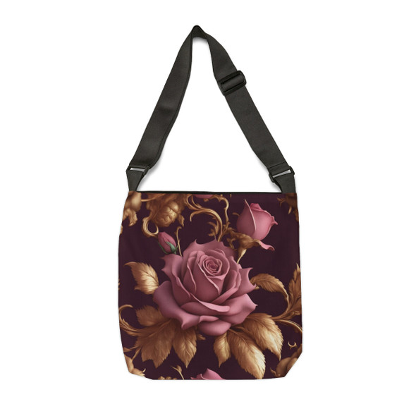Elegant Mauve Rose with Gold Design Tote Bag| Fun Design| Adjustable Tote Strap| Two Sizes 16 inch or 18 inch