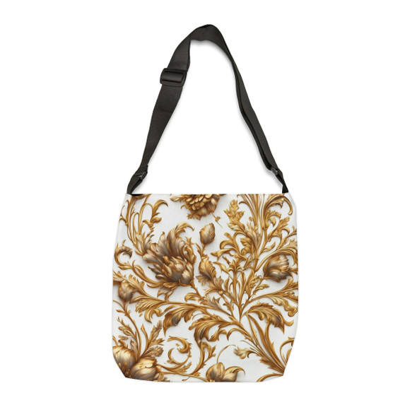 Elegant Gold and White Floral Design Tote Bag| Fun Design| Adjustable Tote Strap| Two Sizes 16 inch or 18 inch