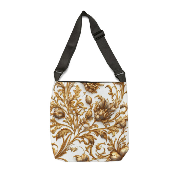 Elegant Gold and White Floral Design Tote Bag| Fun Design| Adjustable Tote Strap| Two Sizes 16 inch or 18 inch
