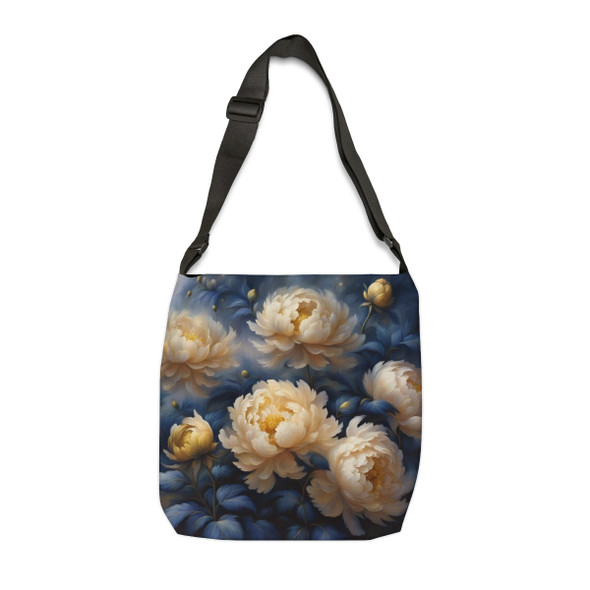 Peonies in Navy and Gold Design Tote Bag| Fun Design| Adjustable Tote Strap| Two Sizes 16 inch or 18 inch