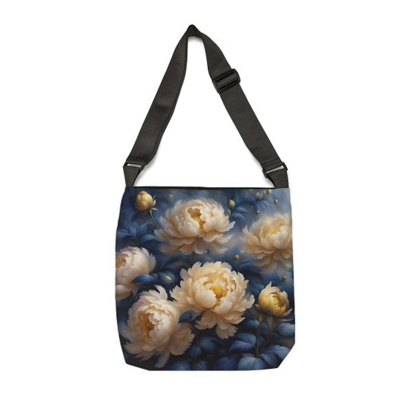Peonies in Navy and Gold Design Tote Bag| Fun Design| Adjustable Tote Strap| Two Sizes 16 inch or 18 inch