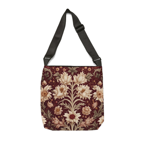 William Morris Burgundy Floral Design Tote Bag| Fun Design| Adjustable Tote Strap| Two Sizes 16 inch or 18 inch