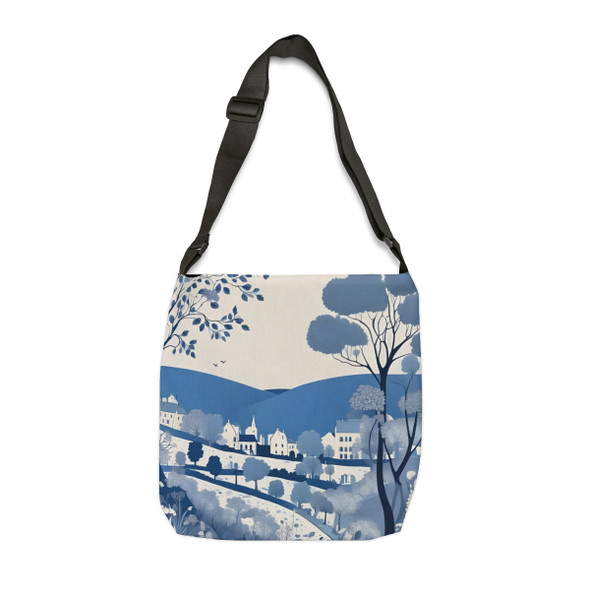 Folk Art Village Scene in Blue Design Tote Bag| Fun Design| Adjustable Tote Strap| Two Sizes 16 inch or 18 inch