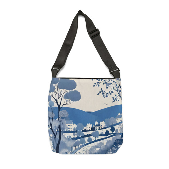 Folk Art Village Scene in Blue Design Tote Bag| Fun Design| Adjustable Tote Strap| Two Sizes 16 inch or 18 inch