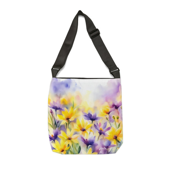 Purple and Yellow Floral Watercolor Tote | Fun Design| Adjustable Tote Bag| Two Sizes 16 inch or 18 inch