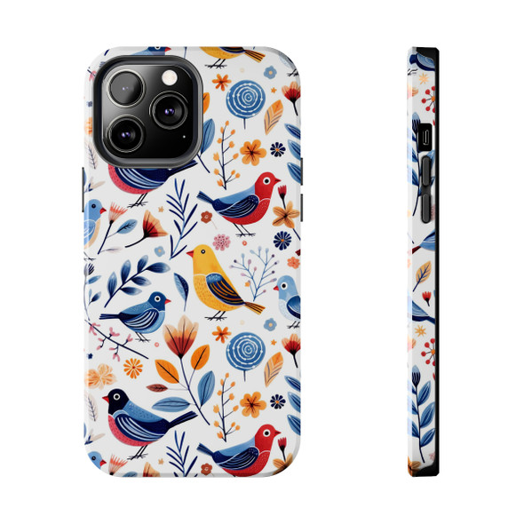 Spring Bird Pattern Tough Phone Case for iPhone in 21 different sizes. Compatible with iPhone 7, 8, X, 11, 12, 13, 14 and more.