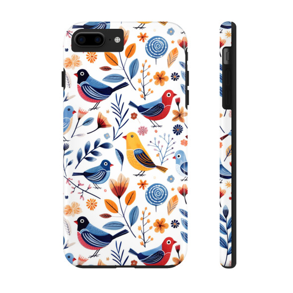 Spring Bird Pattern Tough Phone Case for iPhone in 21 different sizes. Compatible with iPhone 7, 8, X, 11, 12, 13, 14 and more.