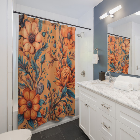 Orange Floral Folksy Boho Design Shower Curtain | Polyester Shower Curtains