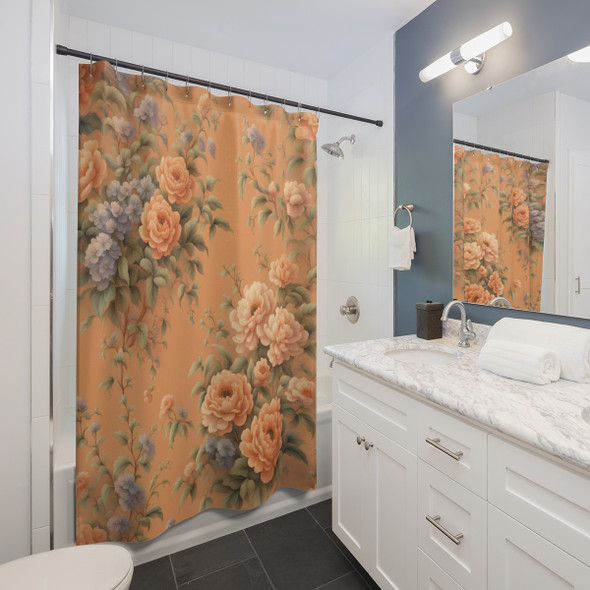 Orange Cream Floral Boho Design Shower Curtain | Polyester Shower Curtains