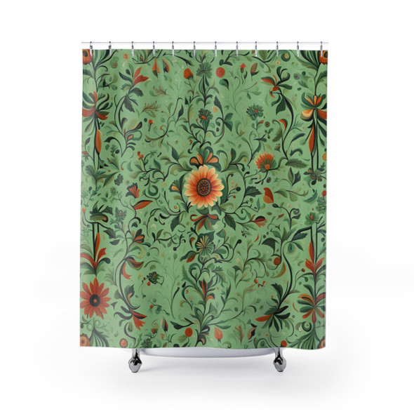 Green Floral Folk Art Boho Design Shower Curtain | Polyester Shower Curtains