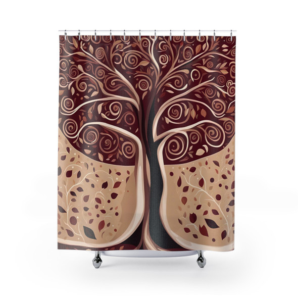 Burgundy and Cream Abstract Tree Design Shower Curtain | Polyester Shower Curtains