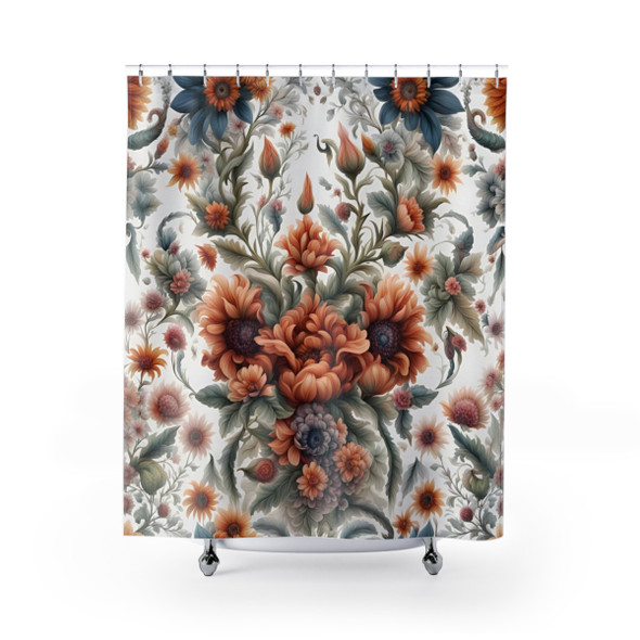 White Floral Boho Design Shower Curtain | Polyester Shower Curtains