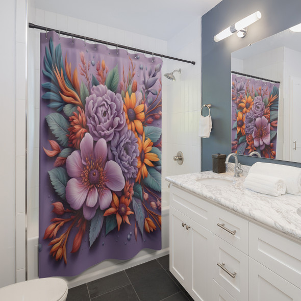 Purple Floral 3D Boho Design Shower Curtain | Polyester Shower Curtains