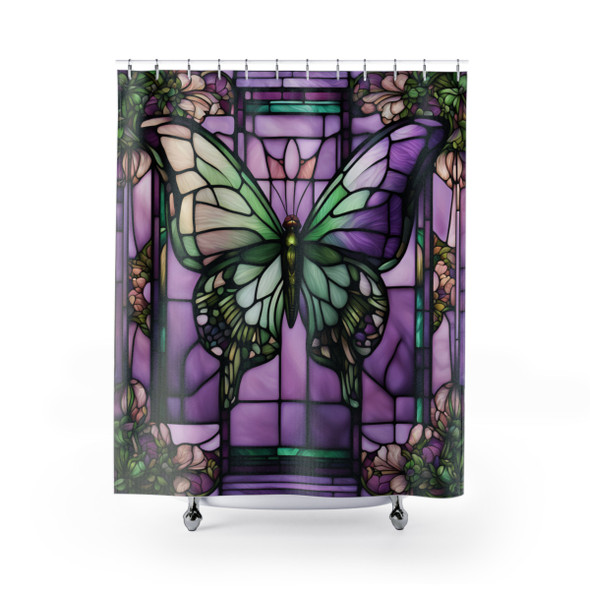 Stained Glass Butterfly Shower Curtain| Purple and Green Design| Polyester Shower Curtains