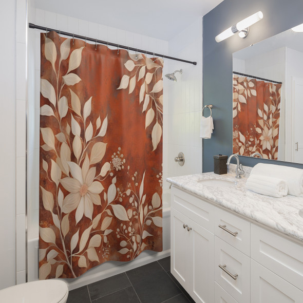 Rust and Cream Folk Art Floral Design Shower Curtain | Polyester Shower Curtains