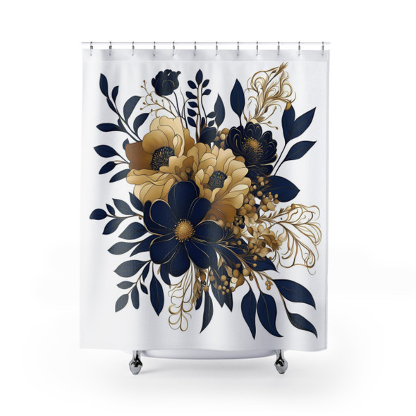 Navy Blue and Gold Art Nouveau Design Shower Curtain | Polyester Shower Curtains