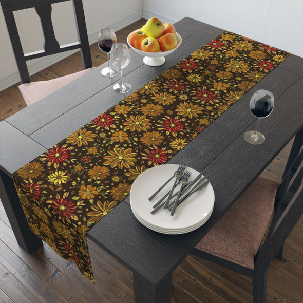 Brown Retro Floral Table Runner (Cotton, Poly)