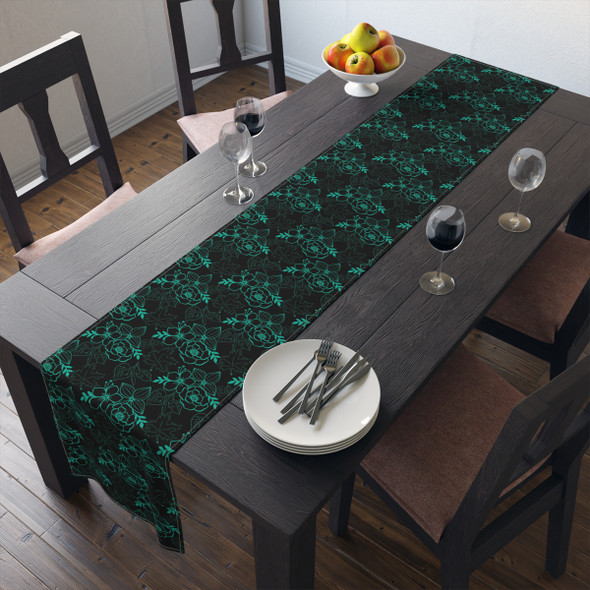Black and Teal Floral Pattern Table Runner (Cotton, Poly)