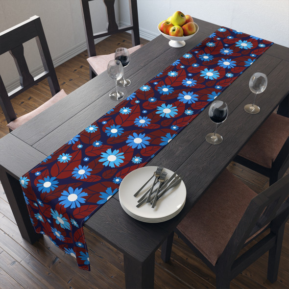 Vivid Blue and Burgundy Floral Botanical Table Runner (Cotton, Poly)