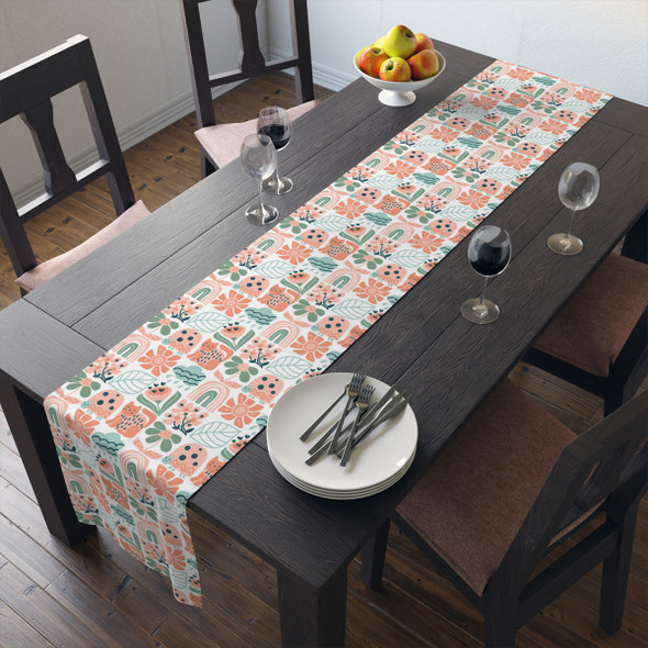 Peach and Sage Cute Cat Pattern Table Runner (Cotton, Poly)