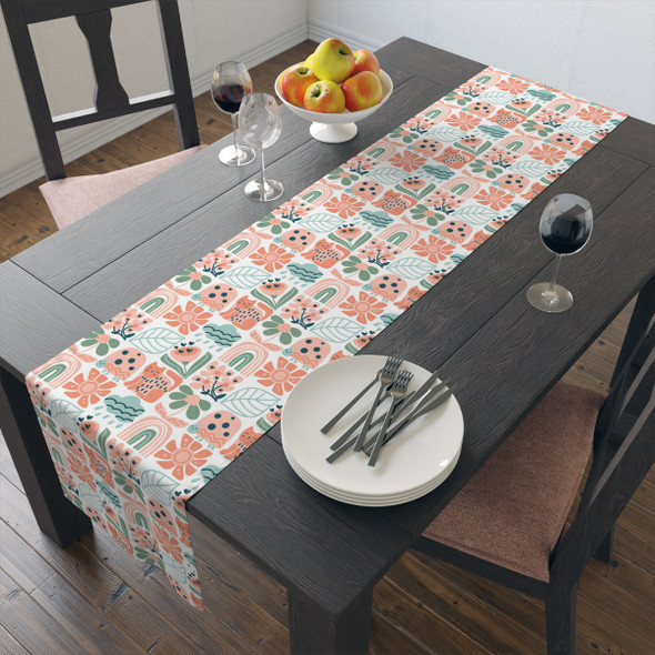 Peach and Sage Cute Cat Pattern Table Runner (Cotton, Poly)