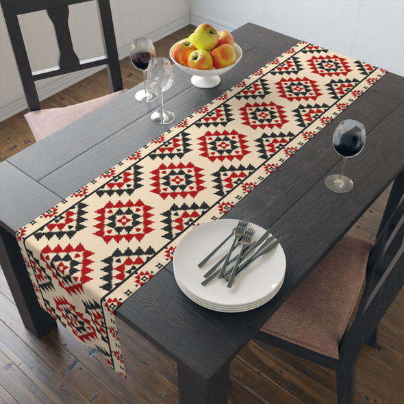 Geometric Pattern in Red, Black, and Cream Table Runner (Cotton, Poly)