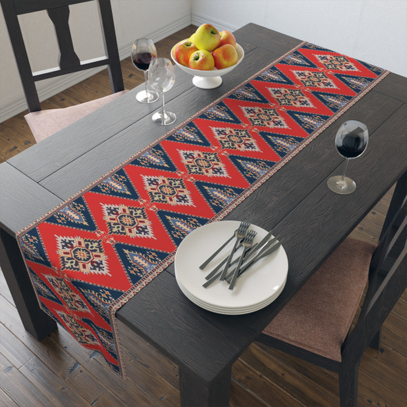 Geometric Pattern in Red and Blue Table Runner (Cotton, Poly)